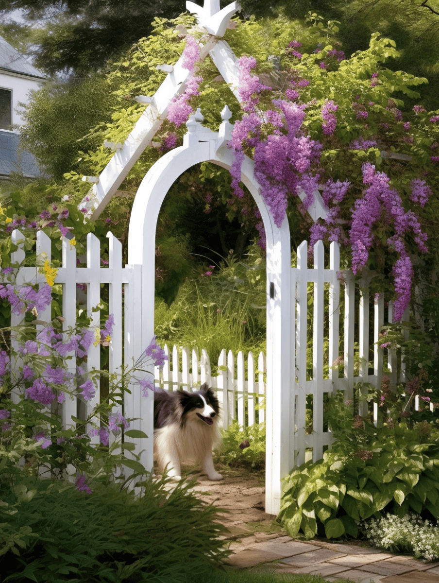 A white picket fence gate adorned with cascading purple wisteria opens to a garden path, with a fluffy, black and white collie dog standing at the entrance, tongue out, amidst lush greenery and interspersed blooms of pink and yellow ar 3:4