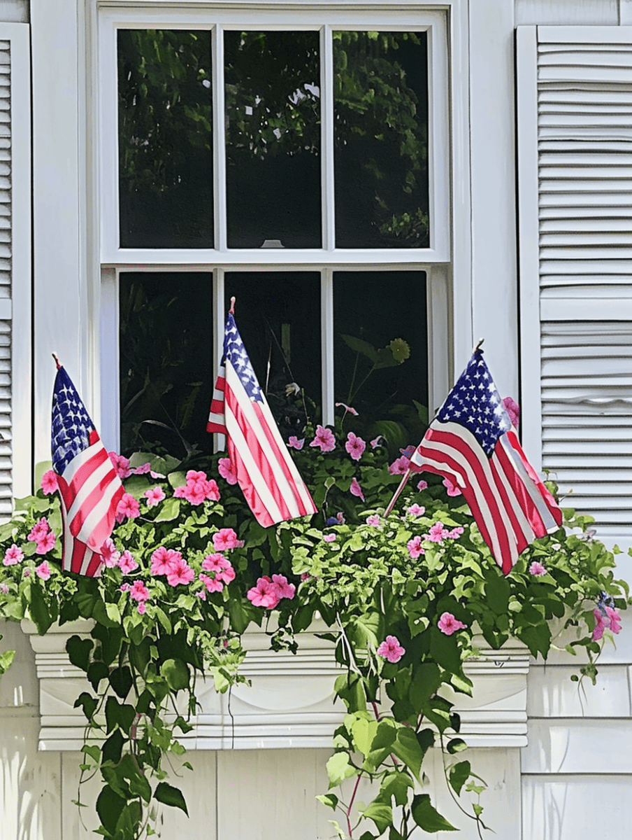 A white window box adorned with vibrant pink flowers and green foliage is flanked by two American flags, presenting a scene of patriotic pride against the backdrop of a window with white shutters on a sunny day ar 3:4