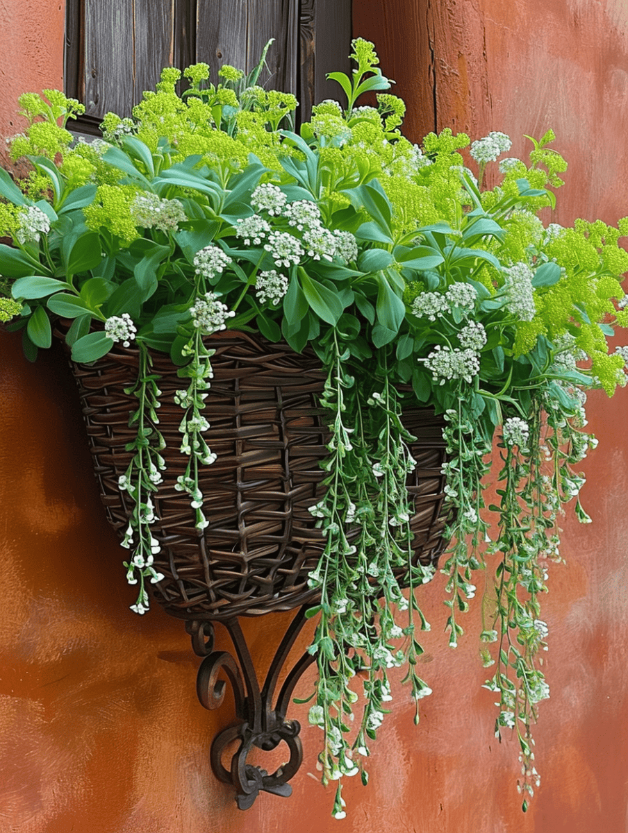 A wicker basket hangs from a decorative wrought iron bracket against a terracotta-colored wall, spilling over with an array of greenery featuring rounded leaves and delicate cascading white blooms, adding a touch of natural elegance to the setting ar 3:4