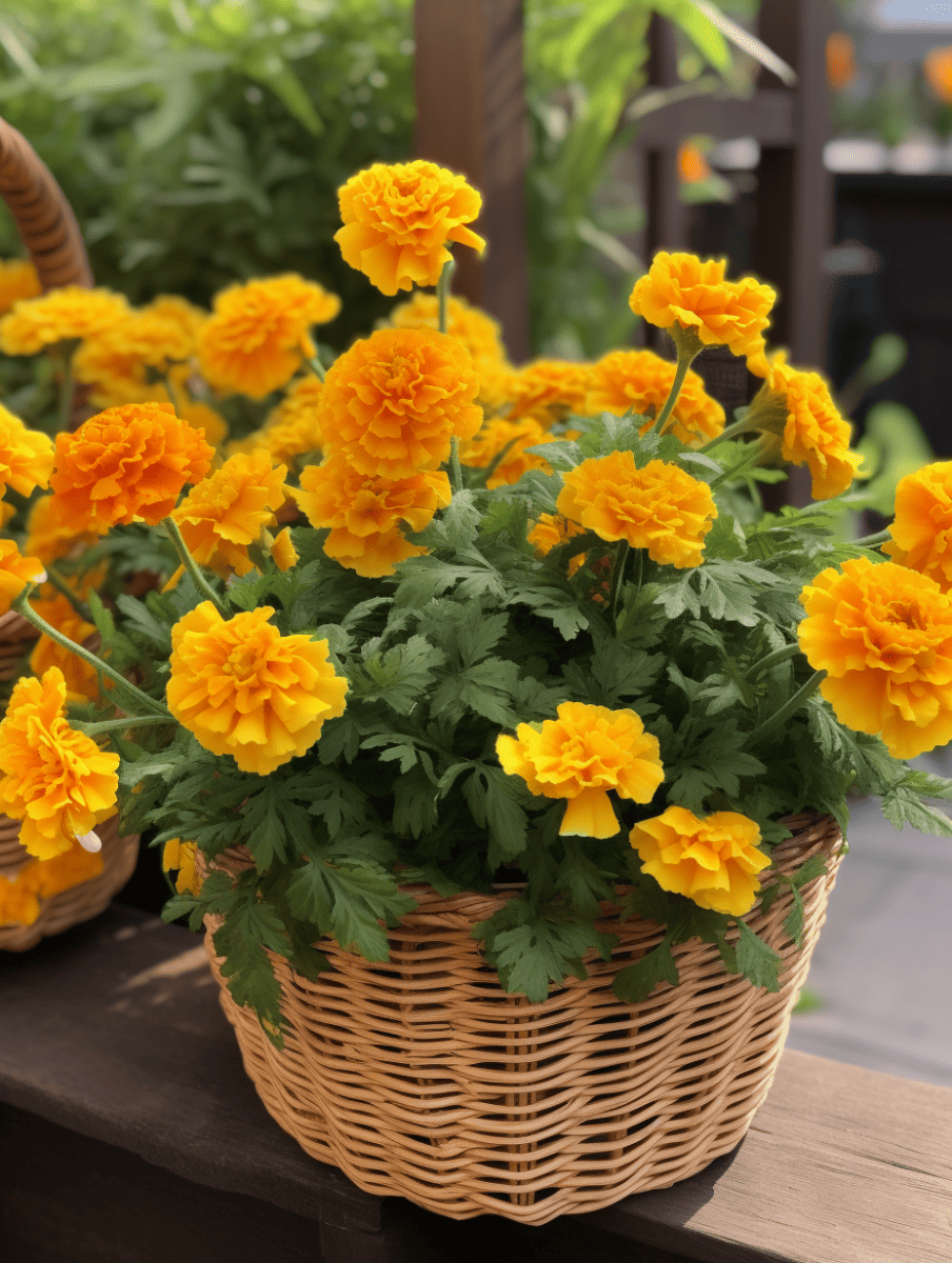 A wicker basket overflows with a vibrant display of double-bloom marigolds in rich shades of orange and yellow, set upon a wooden ledge with a blurred background of greenery ar 3:4