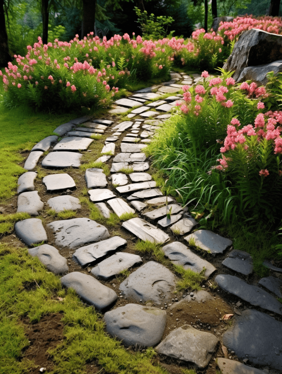 A winding garden path made of irregularly shaped flat stones set in lush green grass, bordered by delicate pink flowering plants, with dappled sunlight filtering through the surrounding trees, evoking a serene and inviting natural walkway ar 3:4