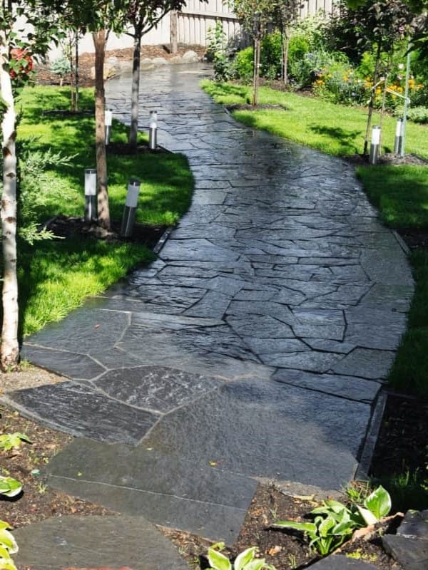 A winding garden path made with dark, slate-like stones arranged in a stencil pattern, weaving through a lush lawn with young trees and flowering plants, complemented by small solar lights along the sides, inviting a peaceful walk in the garden ar 3:4