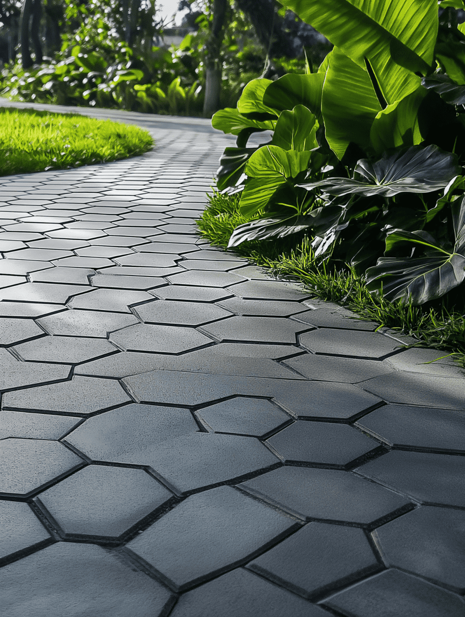 A winding pathway of dark hexagonal concrete pavers creates a striking geometric effect, bordered by vibrant green grass and lush tropical foliage, leading through a sunlit garden ar 3:4