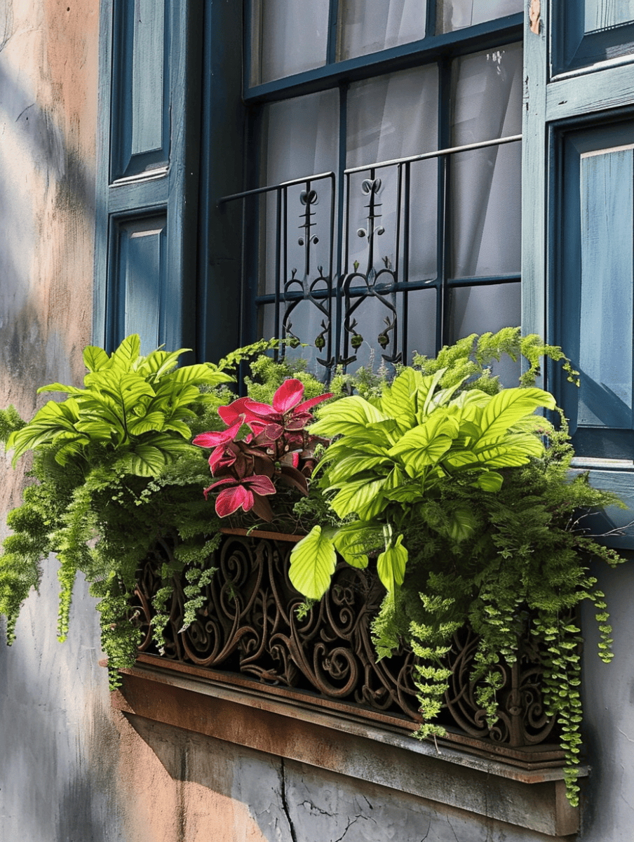 A window adorned with an intricate wrought-iron grill is partially obscured by a lush window box filled with verdant greenery and striking pink flowers, set against a wall with a distressed finish, creating a picturesque blend of nature and architecture ar 3:4