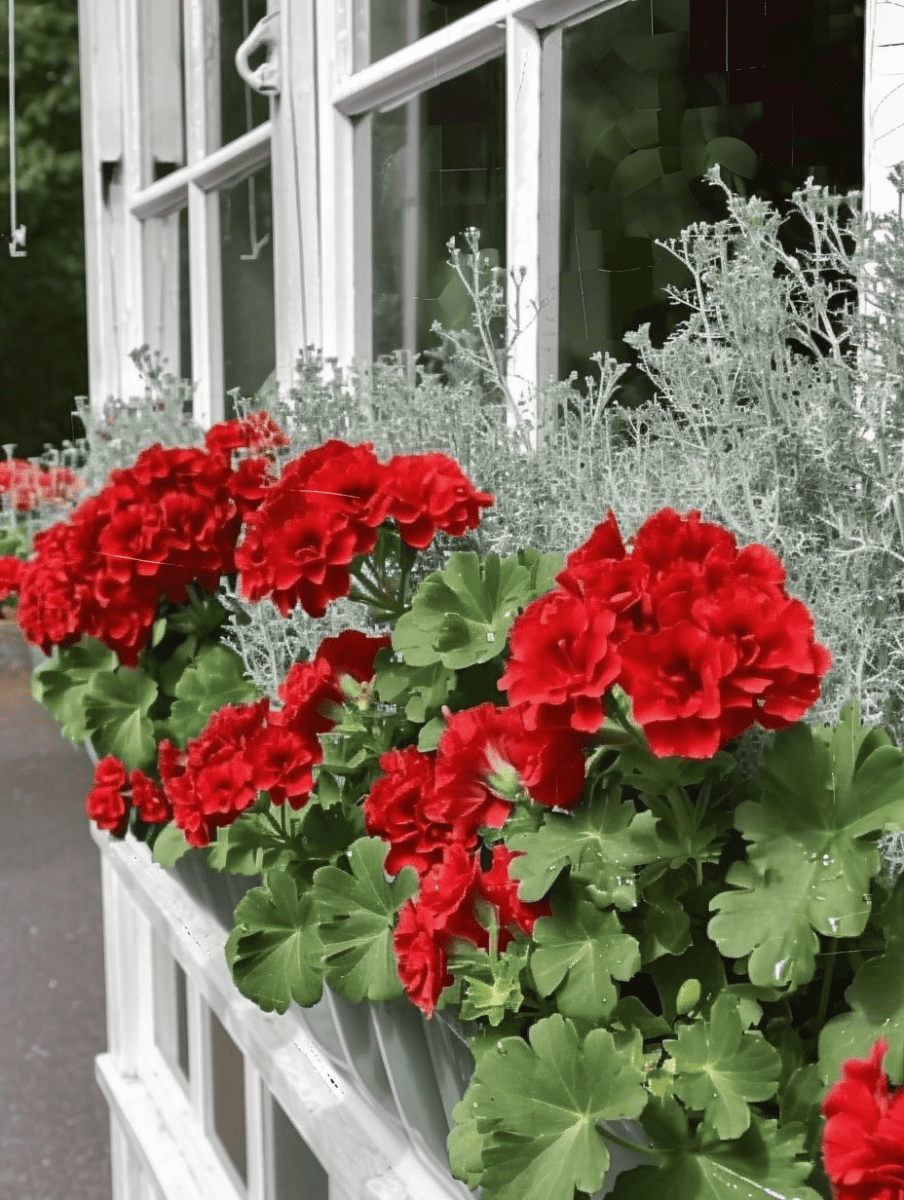 A window box filled with vivid red geraniums and delicate silvery foliage is nestled under a window with white panes, presenting a striking contrast of colors and textures ar 3:4