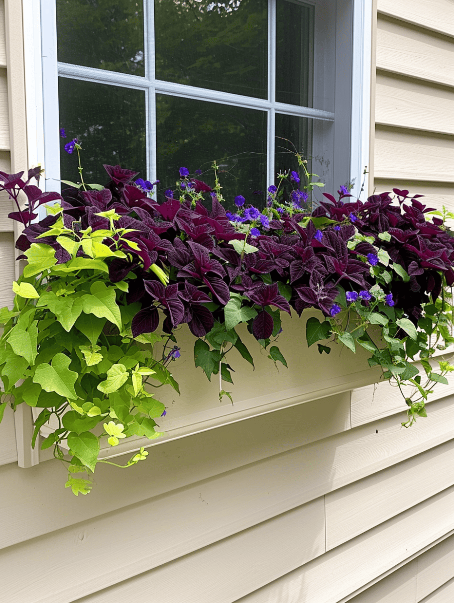A window box on a pale siding showcases a striking contrast with its lush green leaves and chartreuse accents set against the deep purple, almost black, petals of vibrant flowers, offering a rich play of color and texture ar 3:4