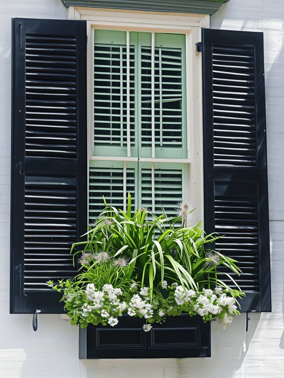 A window with mint green shutters is framed by black louvred shutters, above which a lush window box filled with green plants and delicate white flowers is mounted, extending upwards into the view ar 3:4