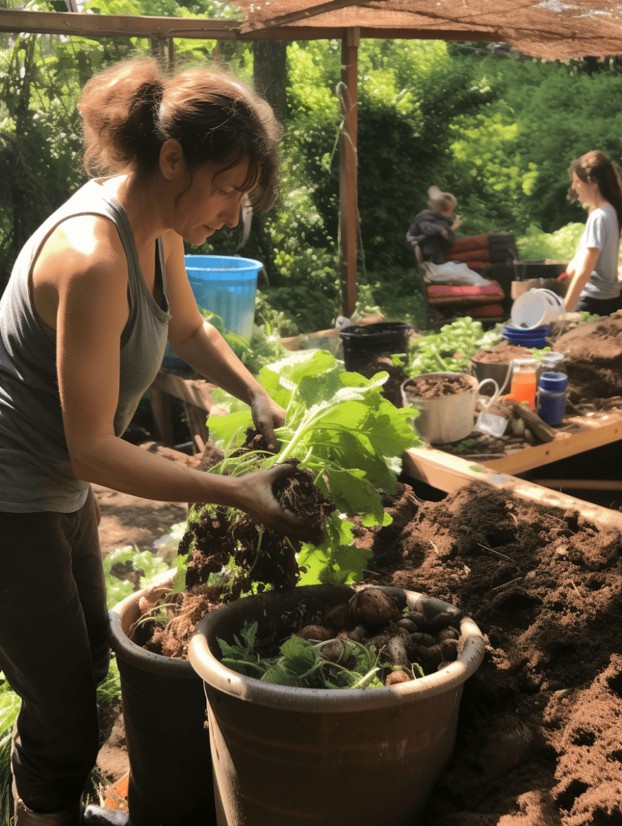 A woman is actively composting, transferring organic material between containers , in a verdant outdoor space with two others in the background, contributing to the communal gardening effort ar 3:4