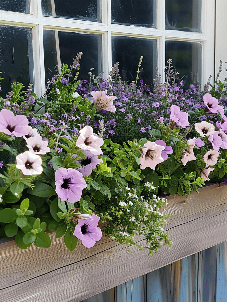 A wooden flower box on a windowsill is filled with a tranquil palette of blooms, featuring delicate pink and lavender petunias interspersed with sprigs of small purple and white flowers, offering a serene view against the windowpane ar 3:4