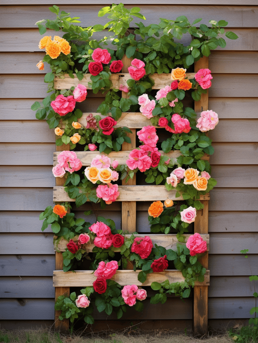 A wooden pallet repurposed into a vertical garden, brimming with a lively assortment of roses in hues of pink, orange, and red, nestled among abundant green foliage against a dark siding background ar 3:4
