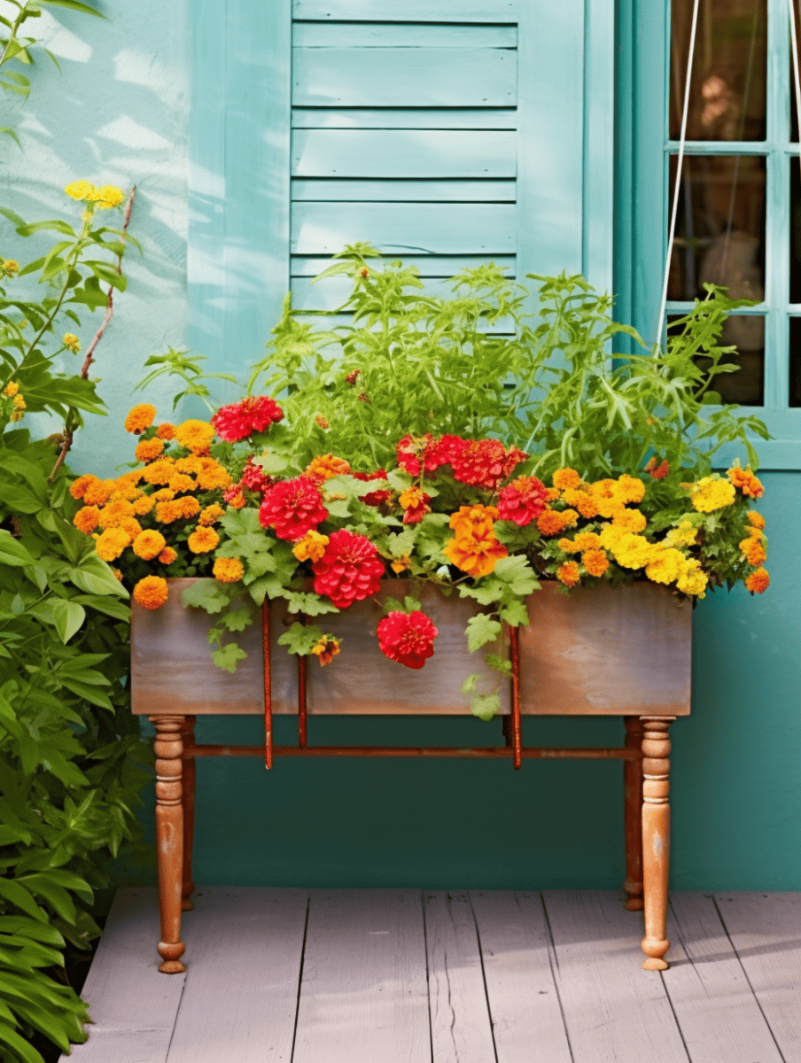 A wooden table with copper accents holds a flourishing display of marigolds in bright yellow and orange tones, complemented by red flowers, set against a turquoise wall with a coordinating shuttered window ar 3:4
