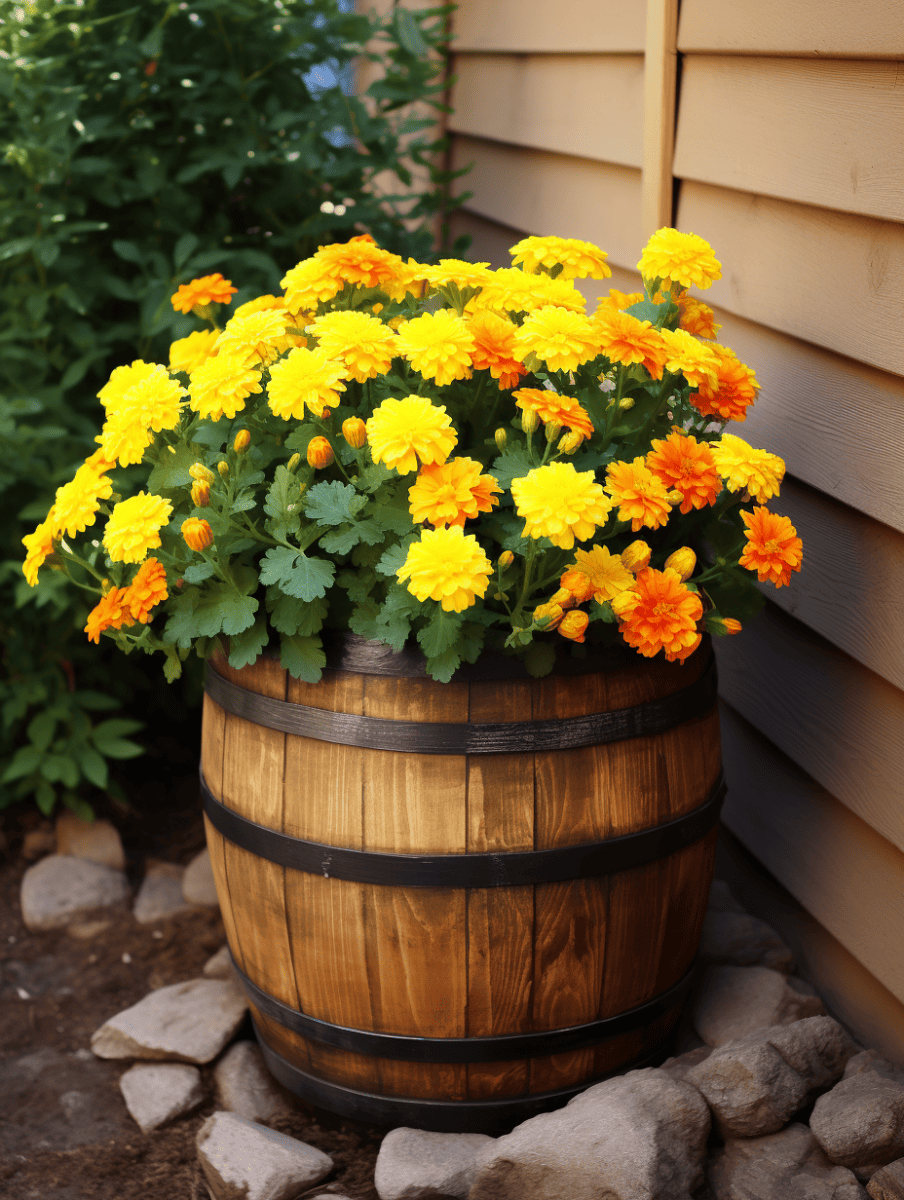 A wooden whiskey barrel planter nestled against a beige house siding overflows with a cheerful medley of orange and yellow marigolds, complemented by lush green foliage and surrounded by a natural rock border ar 3:4