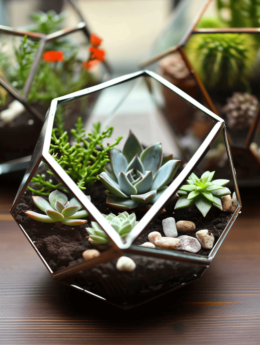 An assortment of succulents is neatly planted in a geometric terrarium with clear glass panels and metallic edges, complemented by a scattering of small stones on the soil ar 3:4
