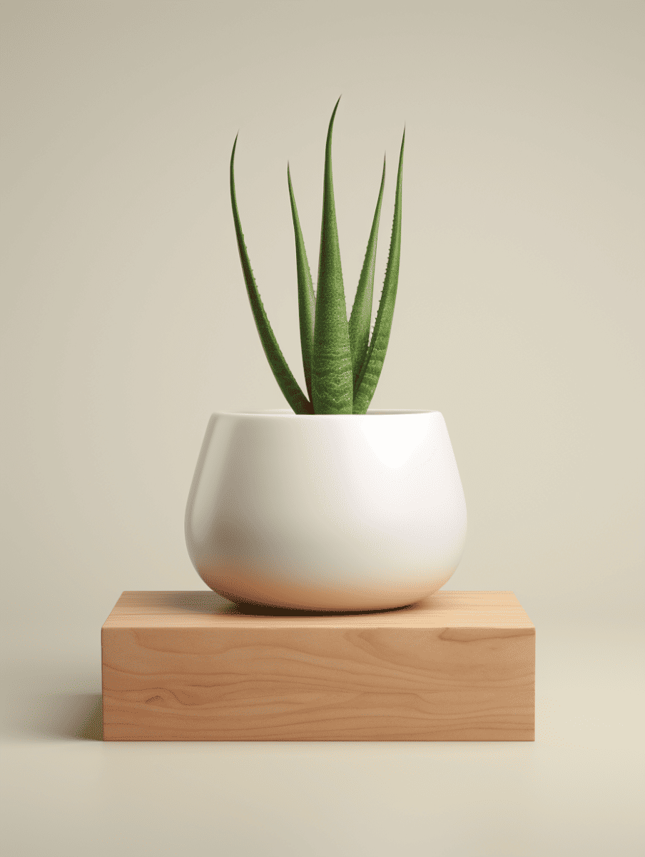 An aloe plant with elongated, spiny leaves is centered in a smooth, white, ceramic pot, which rests on a minimalist wooden block against a neutral-toned background ar 3:4