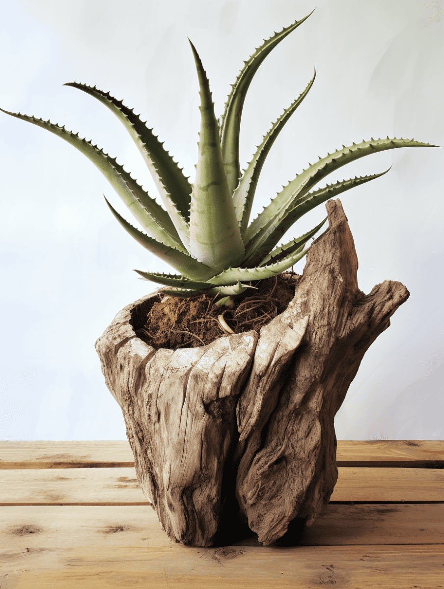 An aloe vera plant with elongated, spiny leaves proudly perches atop a natural tree stump planter, with its gnarled and textured wood providing a rustic contrast on a wooden floor ar 3:4
