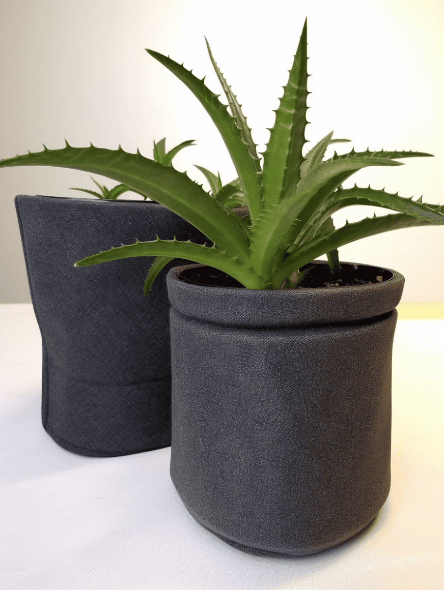 An aloe vera plant with pointed, serrated leaves sits in a cylindrical dark gray felt planter, with a similar empty planter in the background, both on a white surface under soft lighting ar 3:4