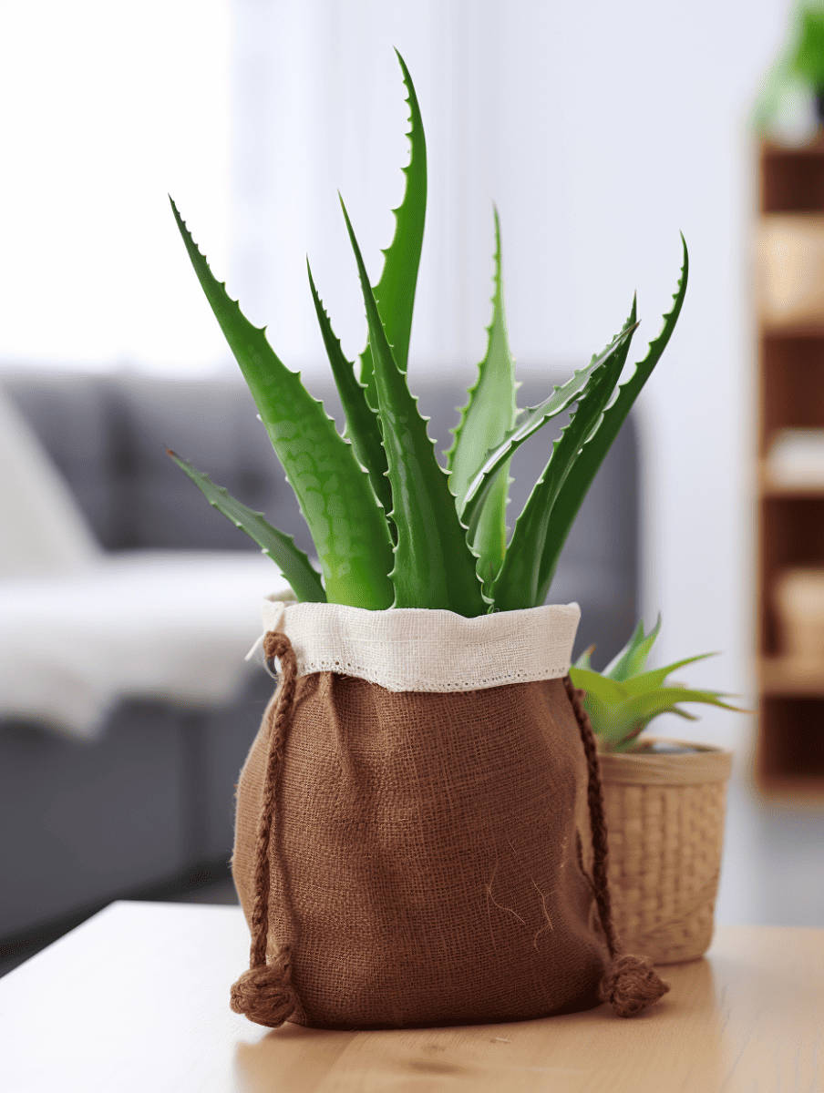 An aloe vera plant with spiky, vibrant green leaves sits snugly in an eco-friendly, brown non-woven bag with a drawstring, placed on a wooden table in a softly lit room with a blurred background suggesting a comfortable indoor setting ar 3:4