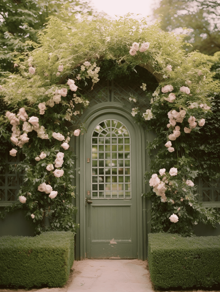 An arched doorway framed by an abundance of flowering plants, featuring a sage green door with glass panes set in a wall covered with climbing pale pink roses and green foliage, complemented by neatly trimmed hedge rows on either side of a stone pathway ar 3:4