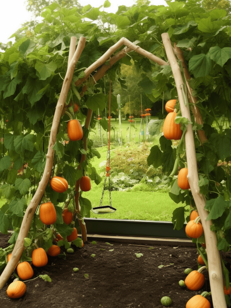 An archway made of wooden poles supports numerous hanging pumpkins surrounded by lush greenery ar 3:4