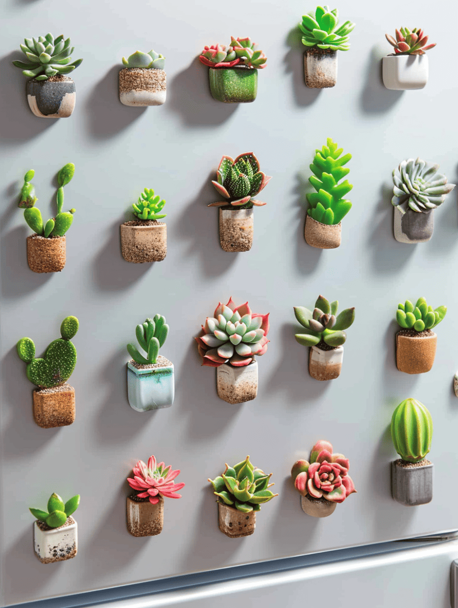 An array of colorful succulents planted in small, magnetized pots adhered to the surface of a refrigerator, creating a vertical garden display ar 3:4