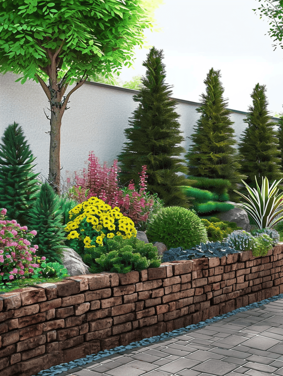 An artistically designed landscape with brick edging that holds an array of lush evergreens, colorful flowers, and decorative grasses beneath a clear sky, complemented by a neatly paved walkway ar 3:4
