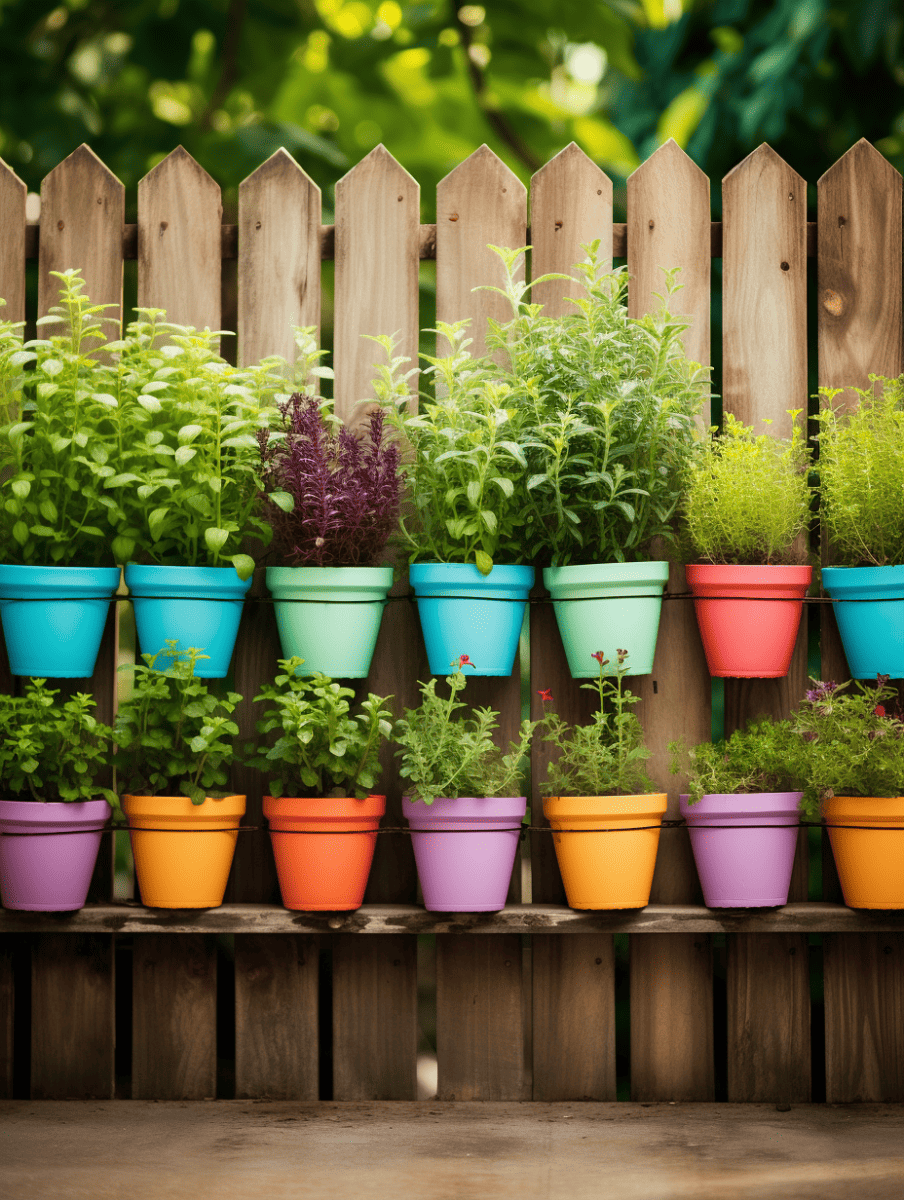 An assortment of lush green herbs and plants in a colorful array of turquoise, blue, red, orange, purple, and yellow bucket hangers mounted on a wooden picket fence, with a blurred greenery background ar 3:4