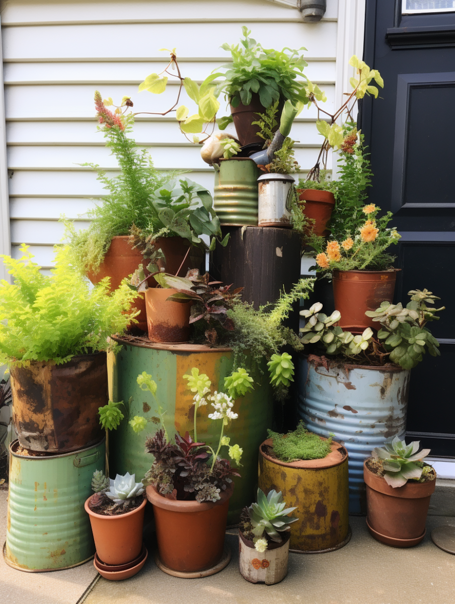 An assortment of plants in terracotta pots is creatively arranged on and around repurposed, colorful, rusted metal cans and tins against a house with white siding and a black door, showcasing a rustic and sustainable gardening approach ar 3:4