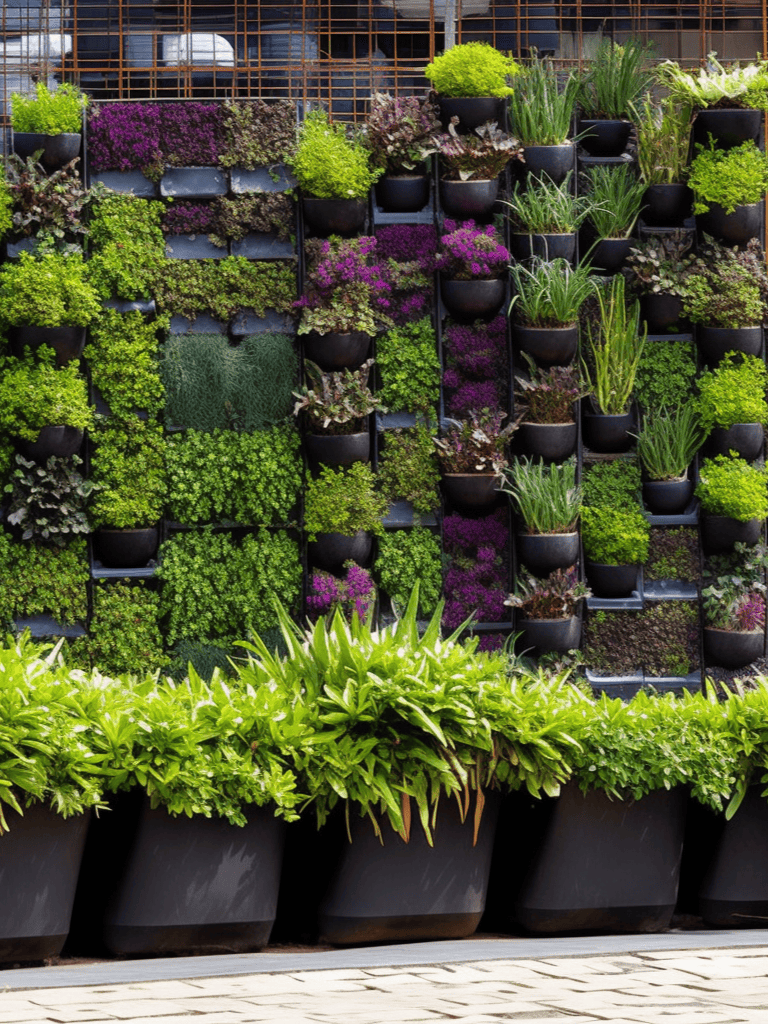 An elaborate vertical garden features an assortment of plants in various hues and textures, with rows of black planters against a lattice background, above large, matching trough planters brimming with green foliage, set on a patterned pavement ar 3:4
