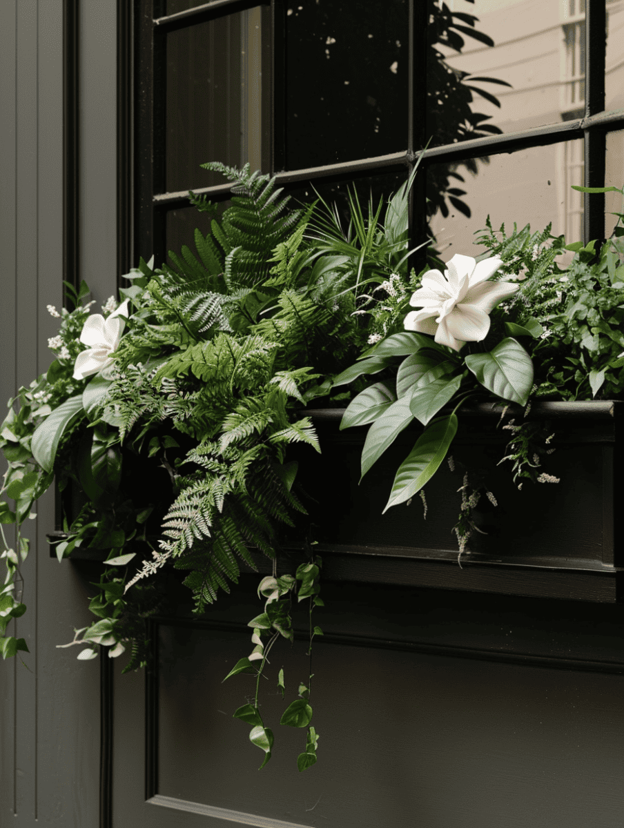 An elegant window box against a dark facade is densely packed with verdant greenery, including broad-leafed plants, delicate ferns, and a standout white lily, with vines gracefully trailing downwards, creating a lush and serene urban garden display ar 3:4