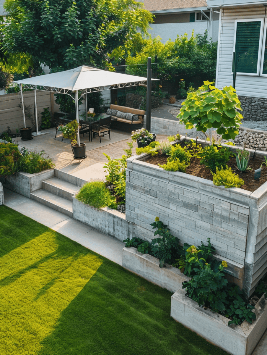 An elevated patio garden with modern gray stone walls, filled with shrubs and flowering plants, beside a cozy outdoor seating area under a canopy, all overlooking a manicured lawn ar 3:4
