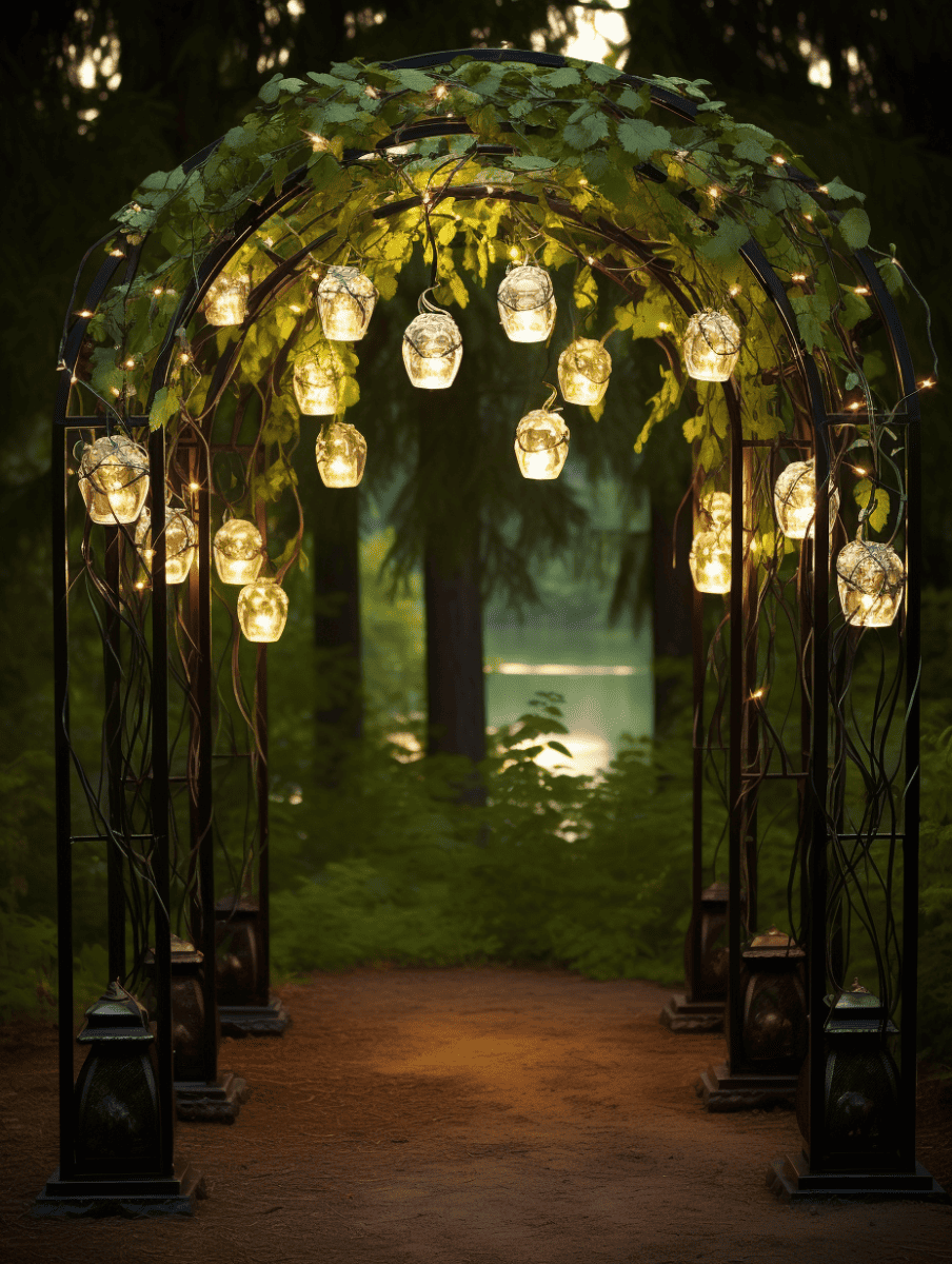 An enchanting garden archway, draped with green vines and illuminated by hanging glass lanterns, stands at the beginning of a dusky path that invites a tranquil walk toward the soft glow of a lake seen through the trees in the distance ar 3:4