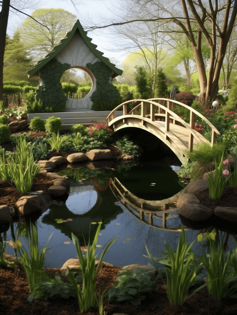 An idyllic garden entrance with a wooden footbridge arching over a tranquil pond, leading to a decorative arbor with a circular cutout, all surrounded by an array of colorful flowers, lush greenery, and the reflective tranquility of the water's surface ar 3:4