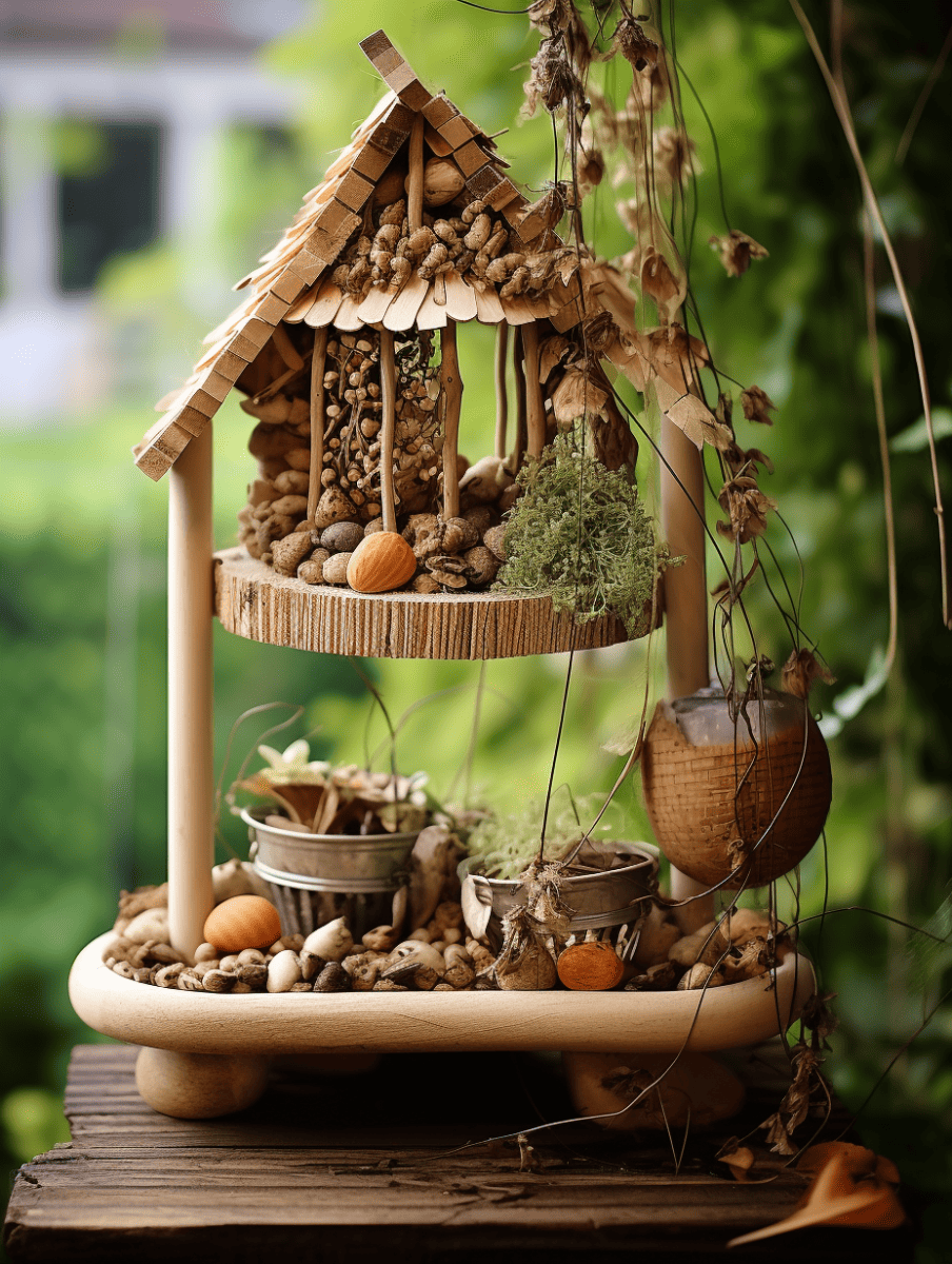 An intricately crafted bird feeder, with a shingled roof and filled with peanuts, is perched atop a wooden platform adorned with nuts, a green plant, and small metal buckets, all set against a blurred background of green foliage ar 3:4
