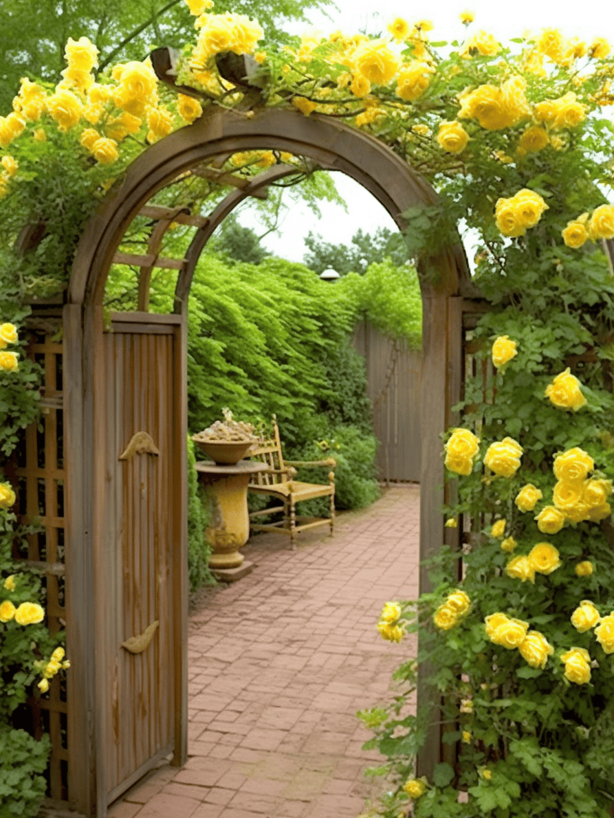 An inviting garden archway, covered with bright yellow roses, frames a brick pathway leading to a classic wooden bench, creating an idyllic and warmly welcoming scene ar 3:4