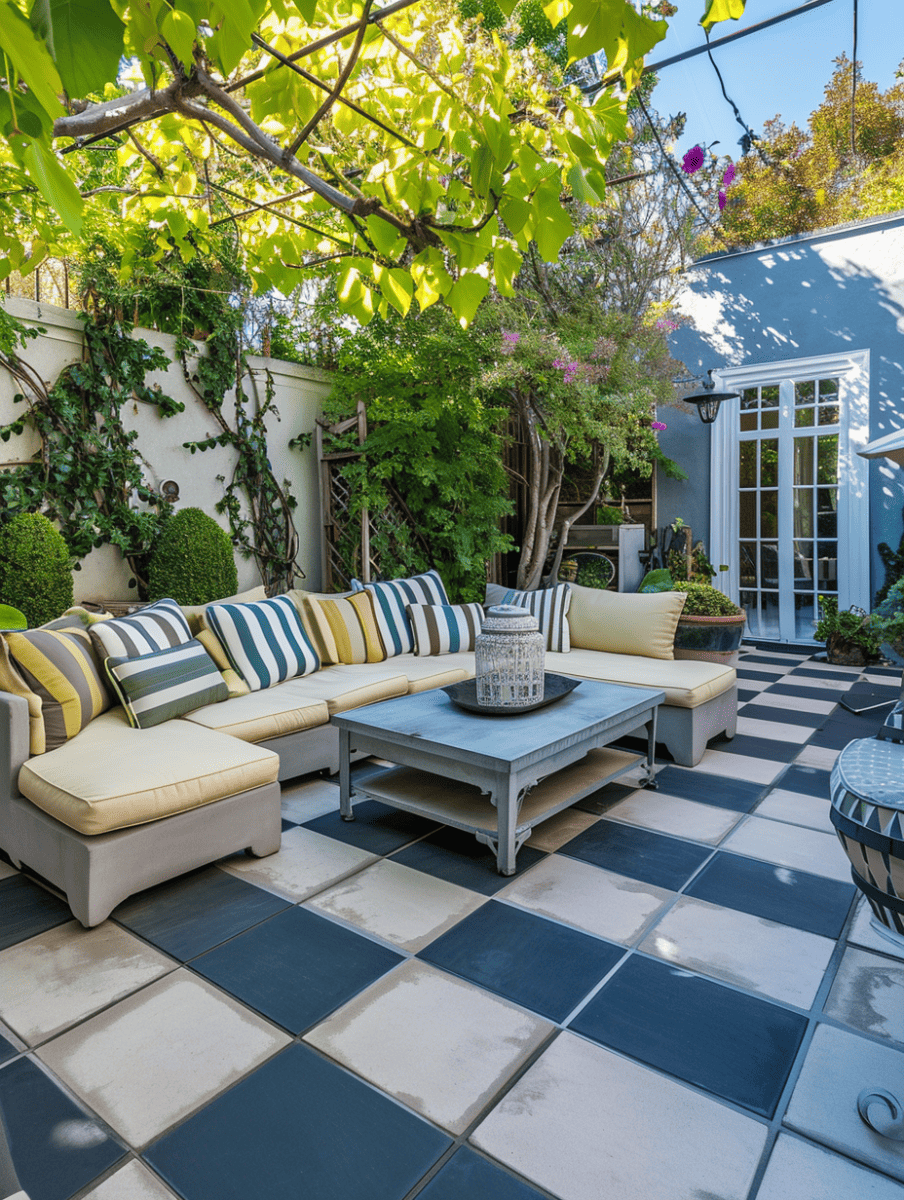An inviting outdoor lounge area with a modern black and white checkered tile floor, complemented by a plush sectional sofa with striped cushions, under a pergola with green foliage, creating a cozy, chic space for relaxation and entertainment ar 3:4