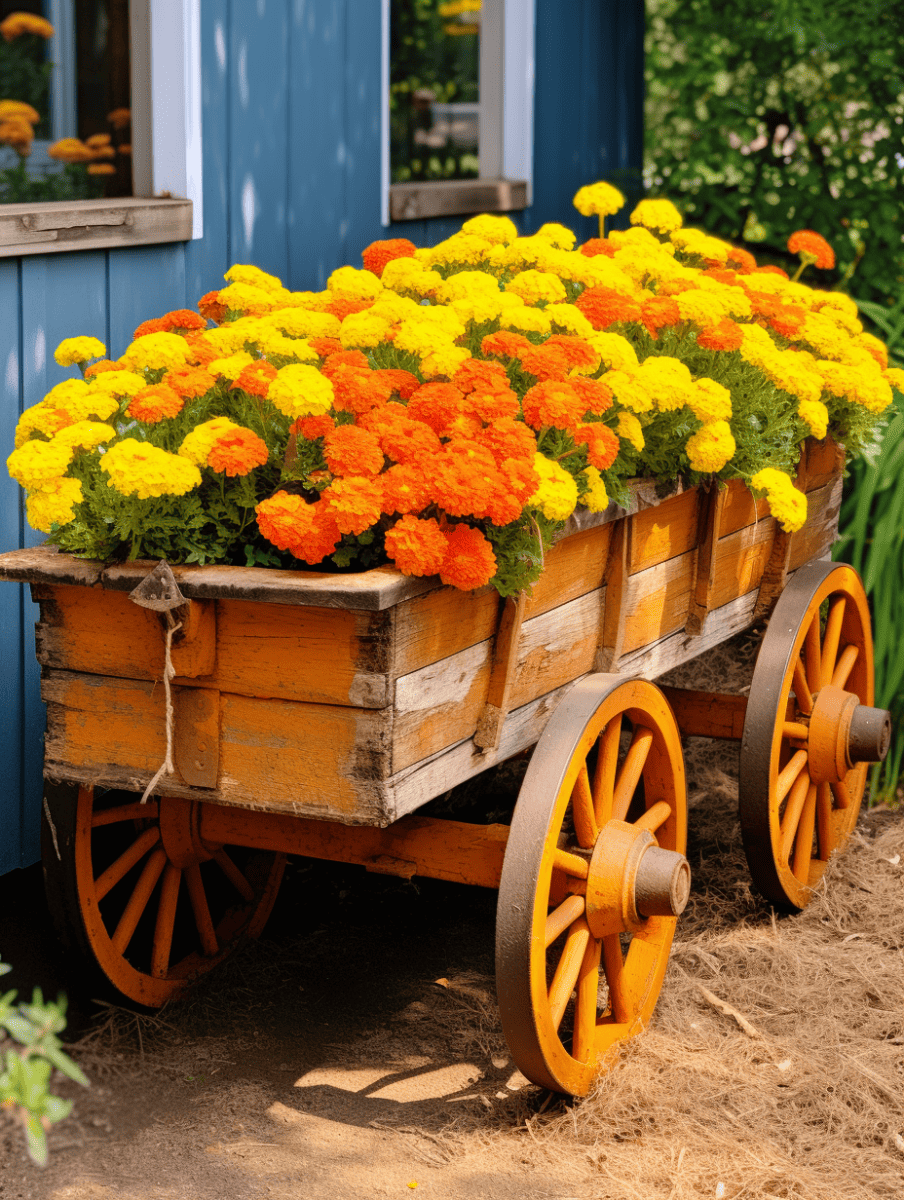 An old-fashioned wooden cart with vibrant yellow and orange marigolds overflows against a backdrop of a blue wooden structure, evoking a rustic charm ar 3:4