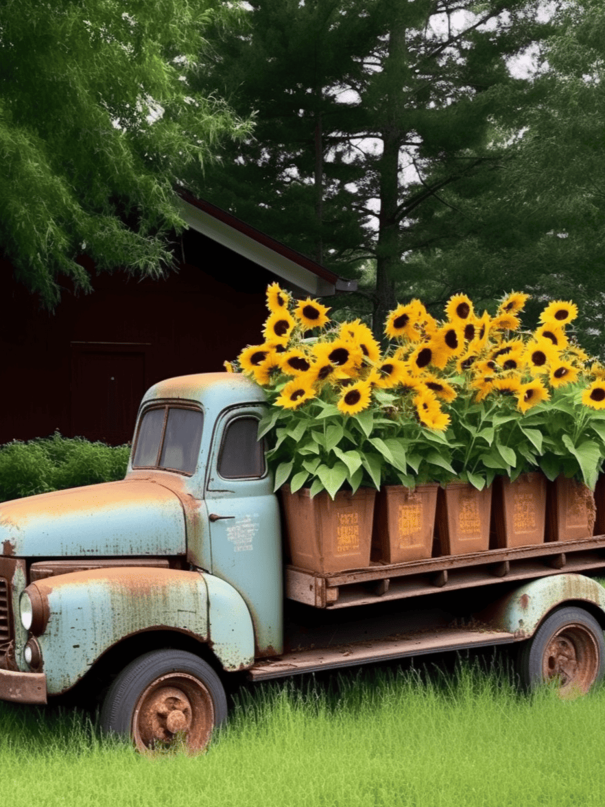 An old, rusted blue and brown pickup truck is repurposed as a planter for a vibrant cluster of sunflowers, parked on lush grass with trees and a dark building in the background ar 3:4
