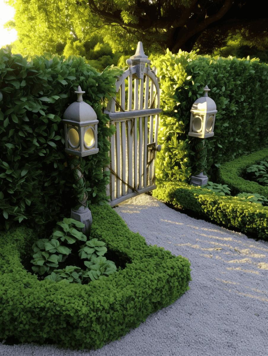 An ornate, aged white gate set within a lush, neatly trimmed green hedge opens to a tranquil garden path, flanked by vintage lanterns and under a canopy of trees, bathed in soft sunlight ar 3:4