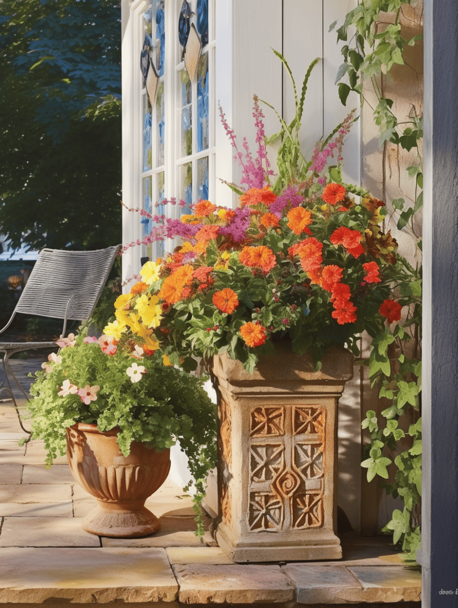 An ornate stone pedestal planter overflows with a lush arrangement of marigolds in shades of orange and yellow, accented with purple flowers and greenery, set on a stone-accented patio near a window with blue stained glass ar 3:4