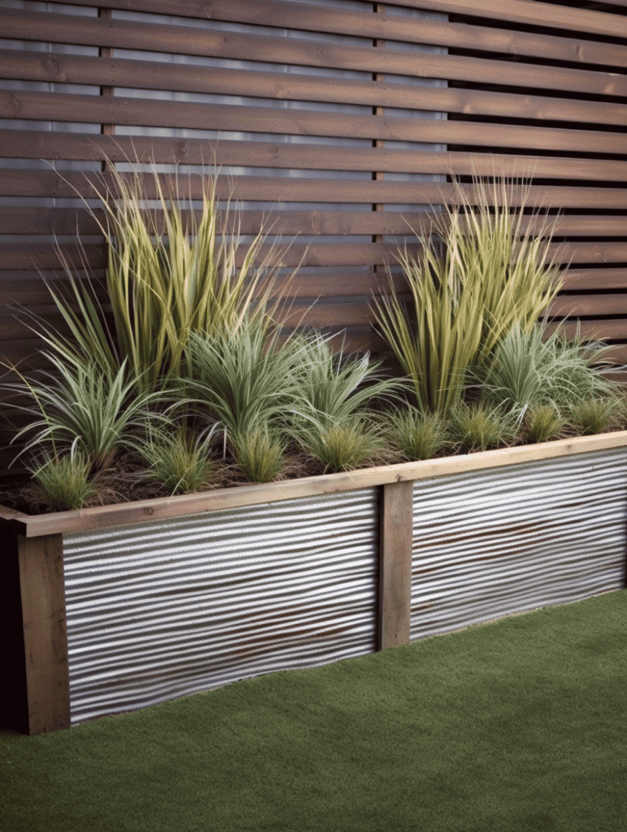 An urban garden setup with rustic elongated trough-style planters housing variegated green and yellow grasses, set against a corrugated metal panel and beneath a horizontal wooden slat fence, with artificial turf extending in the foreground ar 3:4