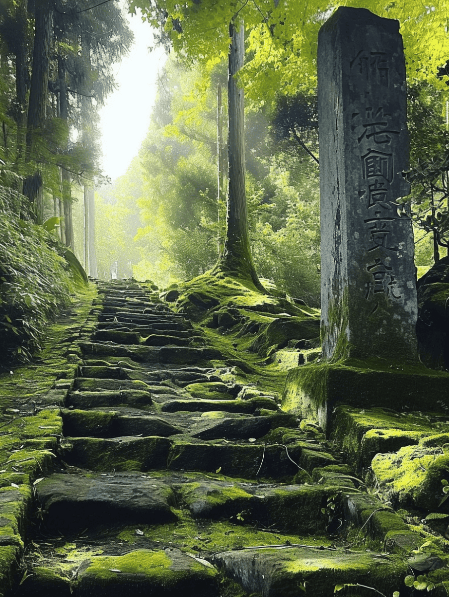 Ancient stone steps, enshrouded in moss, ascend through a serene forest, passing by a tall, inscribed monolith, evoking a sense of mystery and timelessness within the natural landscape ar 3:4