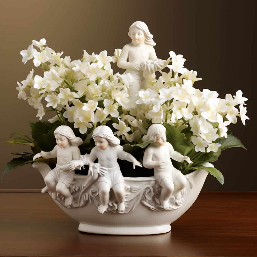 Angel’s Choir Planter: Place angel figurines among white flowers and silver accents