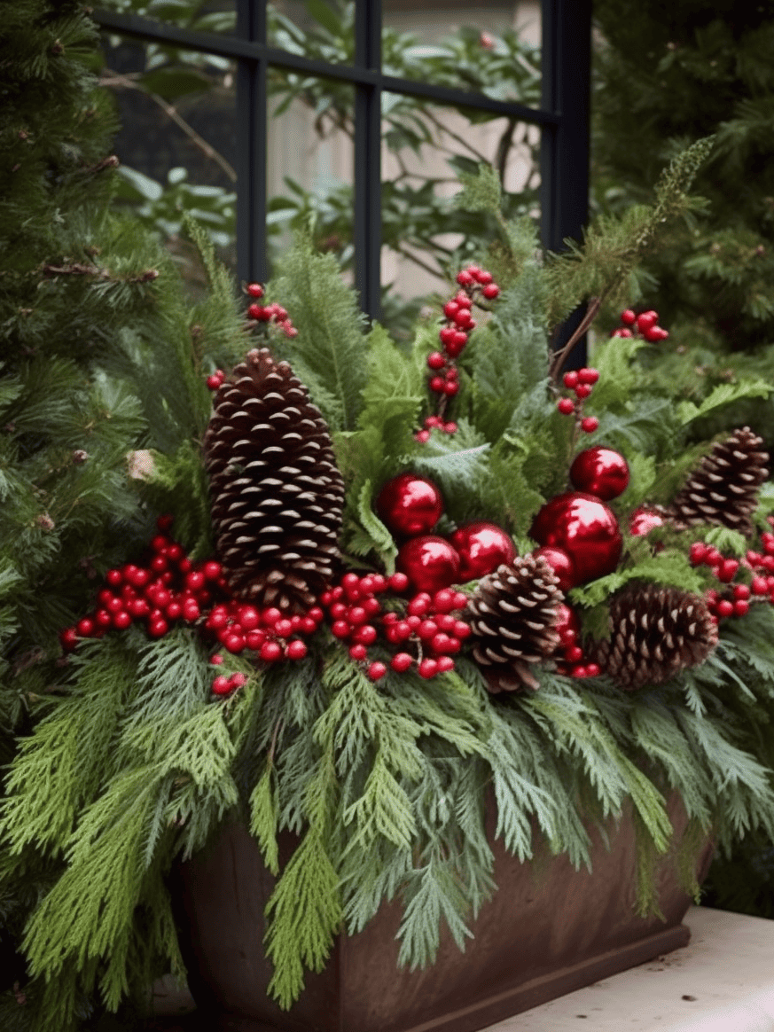 A festive outdoor display features a lush arrangement of soft green evergreen boughs, interspersed with vibrant winter berry clusters and large brown pine cones, complemented by glossy red ornaments, all laid out along a concrete garden bed border against a backdrop of dark green shrubbery