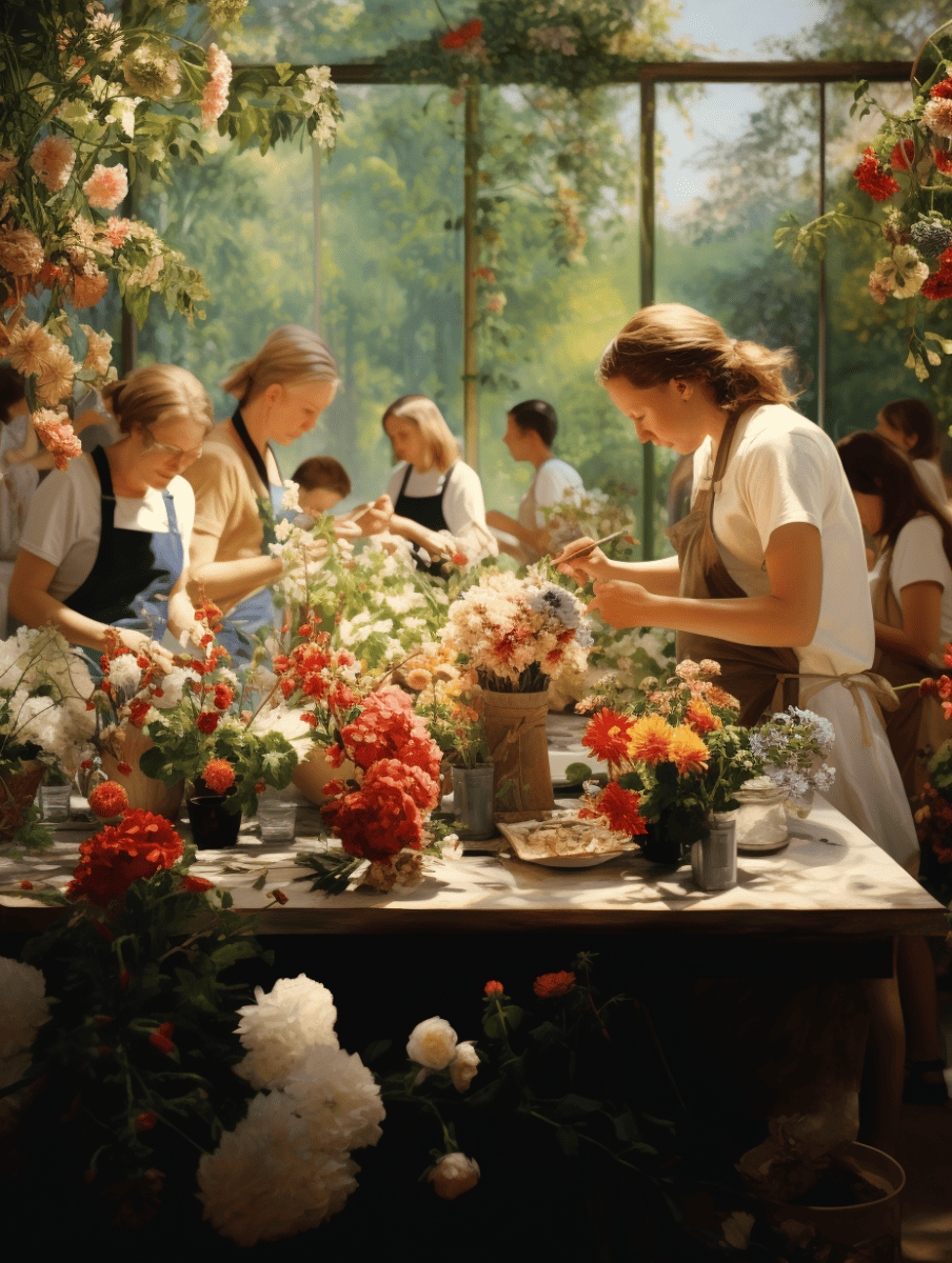 At a spring flower festival, a group of individuals is attentively arranging a vibrant collection of floral displays on a table, illuminated by natural light within a greenhouse setting ar 3:4