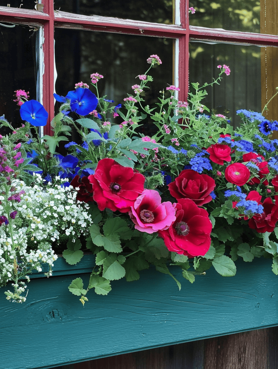 Beneath a window with red frames, a wooden flower box painted in teal showcases a vivid array of blossoms in bright primary colors, featuring radiant blue petunias, deep red poppies, and clusters of petite white and pink flowers ar 3:4