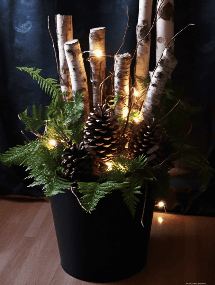 Black vase with birch logs, pinecones, ferns, and string lights