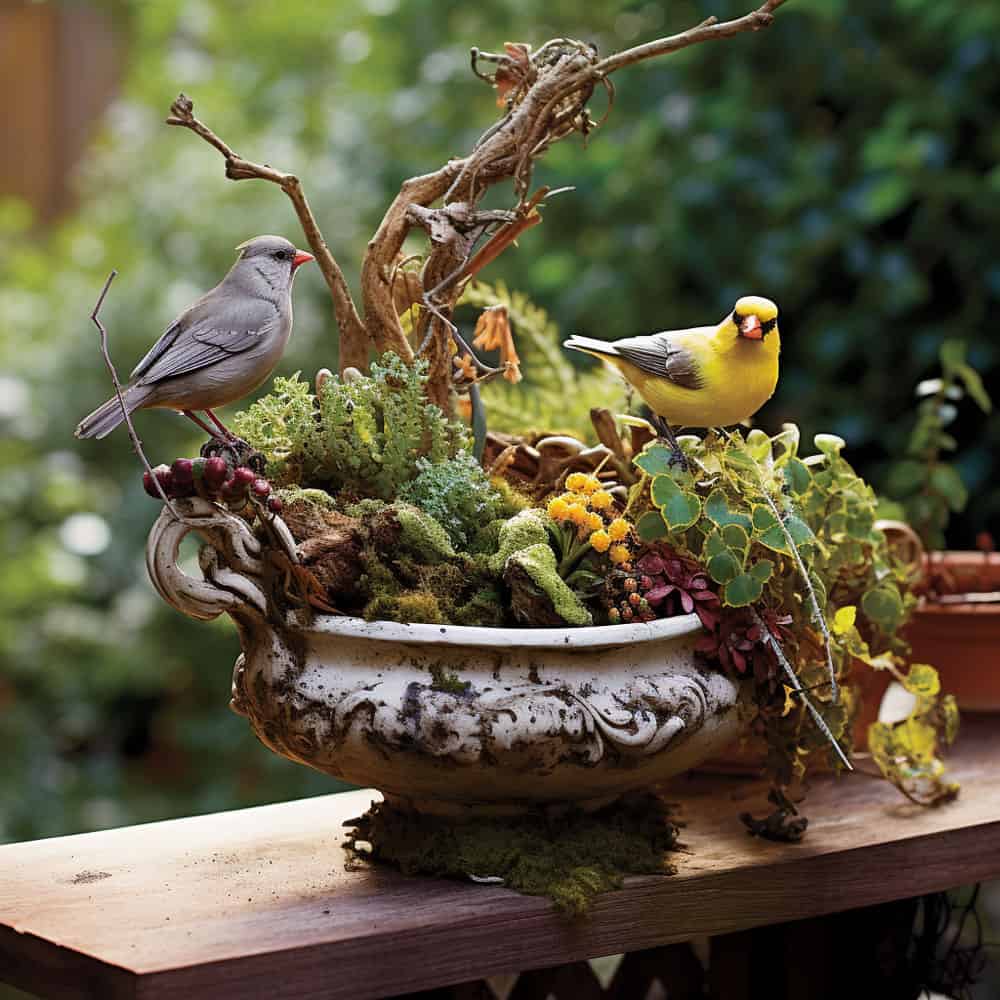 Bird Lover’s Planter: Include bird-friendly elements like a small birdhouse, birdseed ornaments, and berry-laden branches.