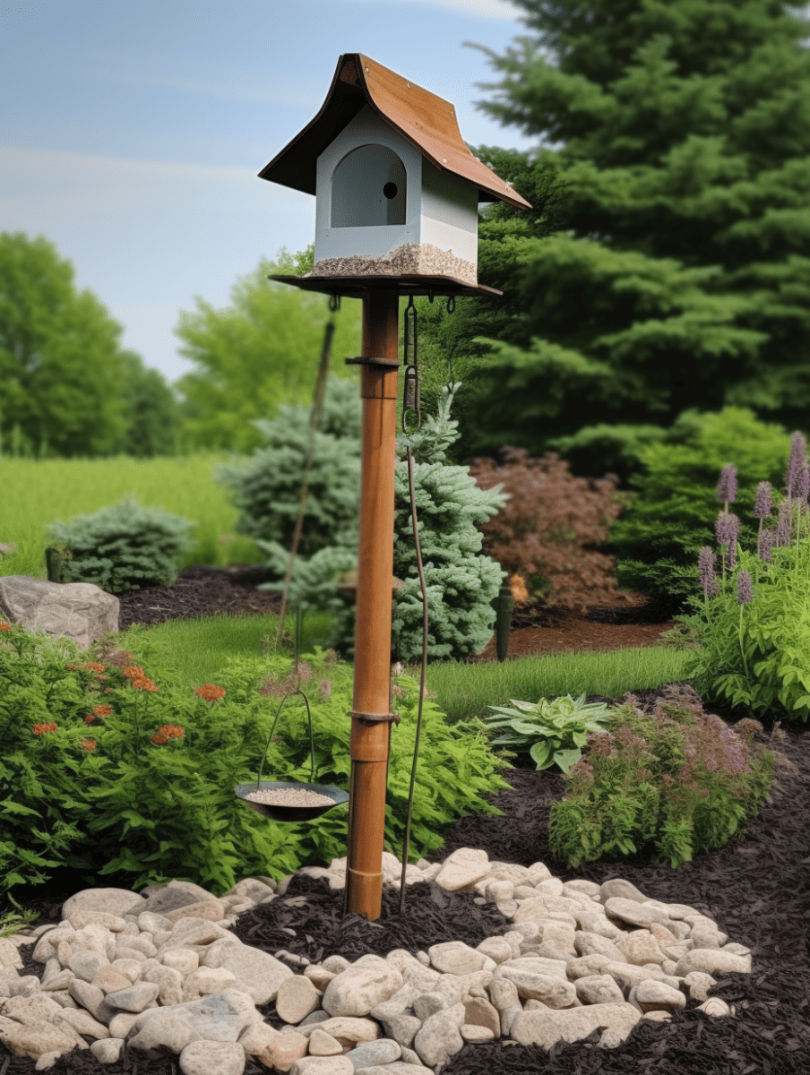 A stately bird feeder with a brown roof and white body stands on a wooden pole over a bed of smooth river stones, complemented by a hanging feeder, with a lush background of assorted green shrubs and purple flowers, imparting a serene garden ambiance ar 3:4