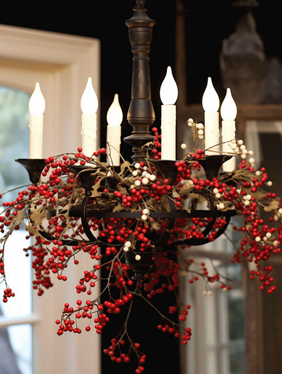 An elegant black chandelier with candle-like lights is embellished with an arrangement of delicate white berries and clusters of vibrant winter berries, adding a festive touch to the sophisticated fixture