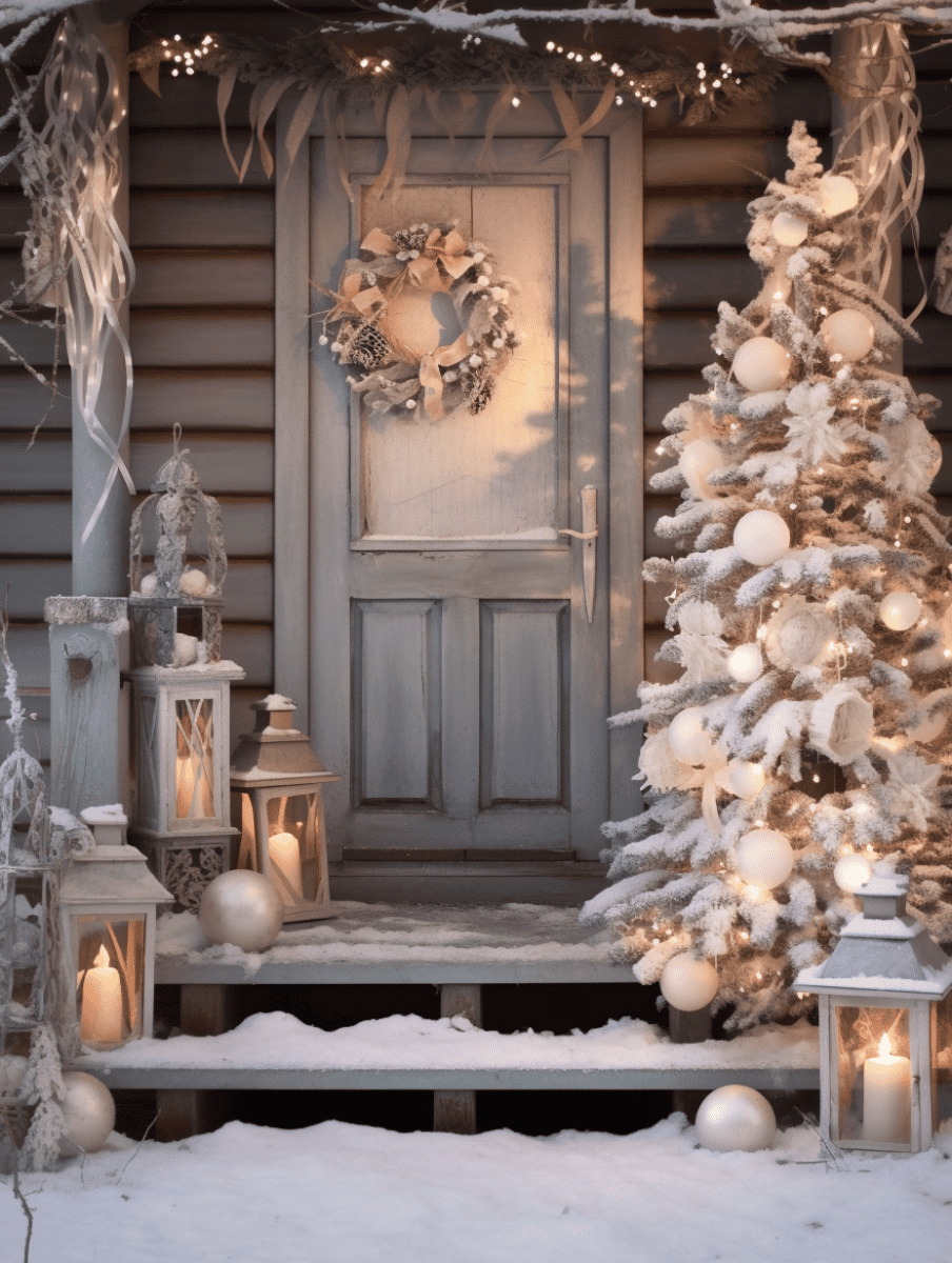 A serene winter scene at dusk, with a snow-dusted pine tree decorated in white ornaments next to a rustic door adorned with a natural wreath, complemented by lanterns casting a soft glow onto the snowy porch